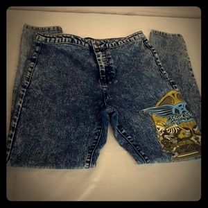 High waisted acid wash Aerosmith patch pants
